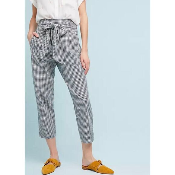 Anthropologie Cartonnier navy gingham tie waist pleated pant 4 - Picture 1 of 13